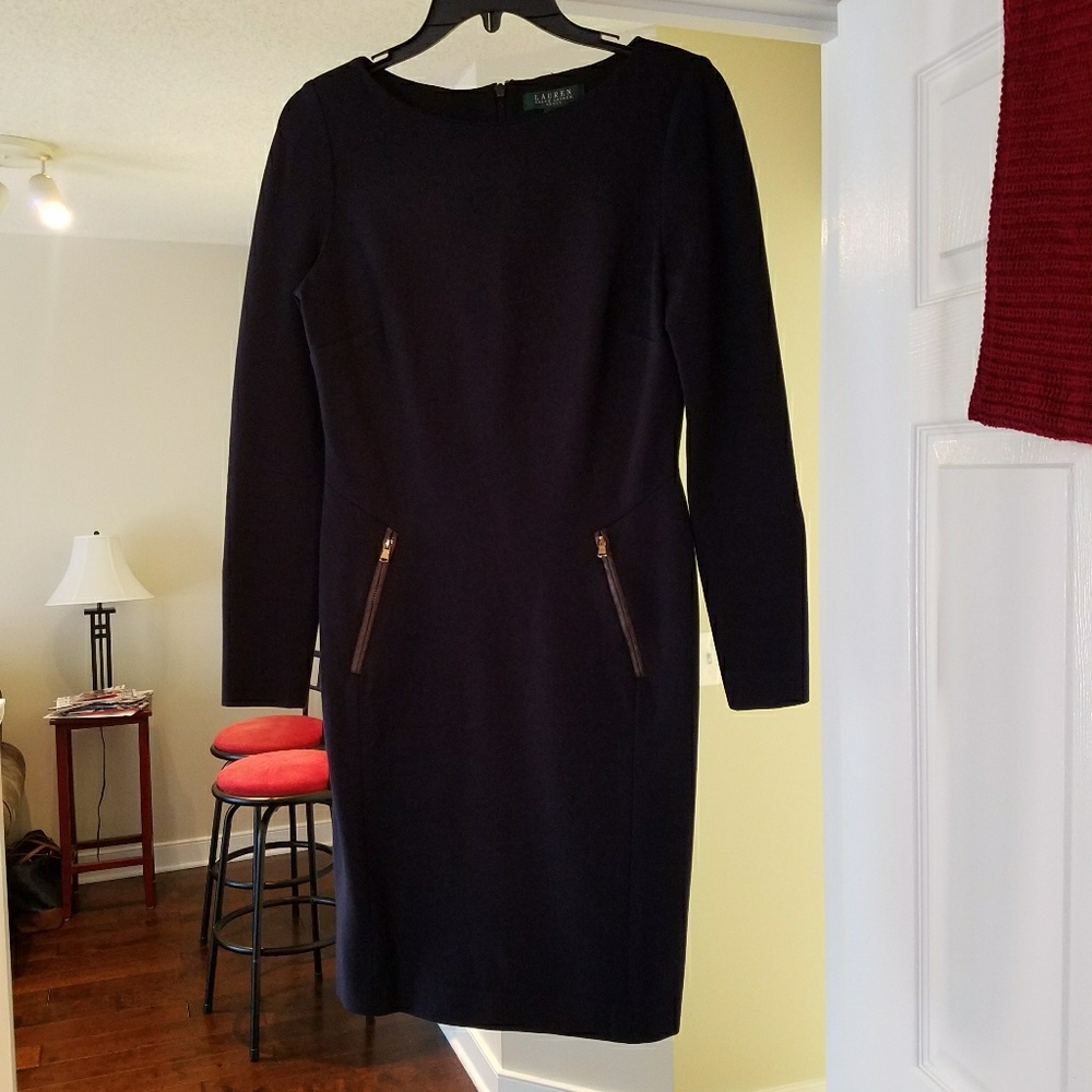 Ralph Lauren navy dress w leather & zipper detail